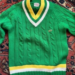 Lacoste Green V-Neck Cable Knit Sweater